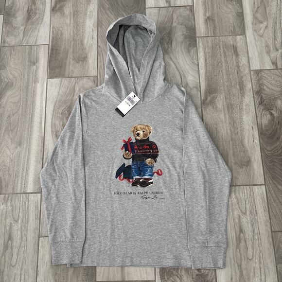 Polo Ralph Lauren Bear Christmas T Shirt Hoodie Gray Boys Size L(14-16) NWT - Picture 1 of 9
